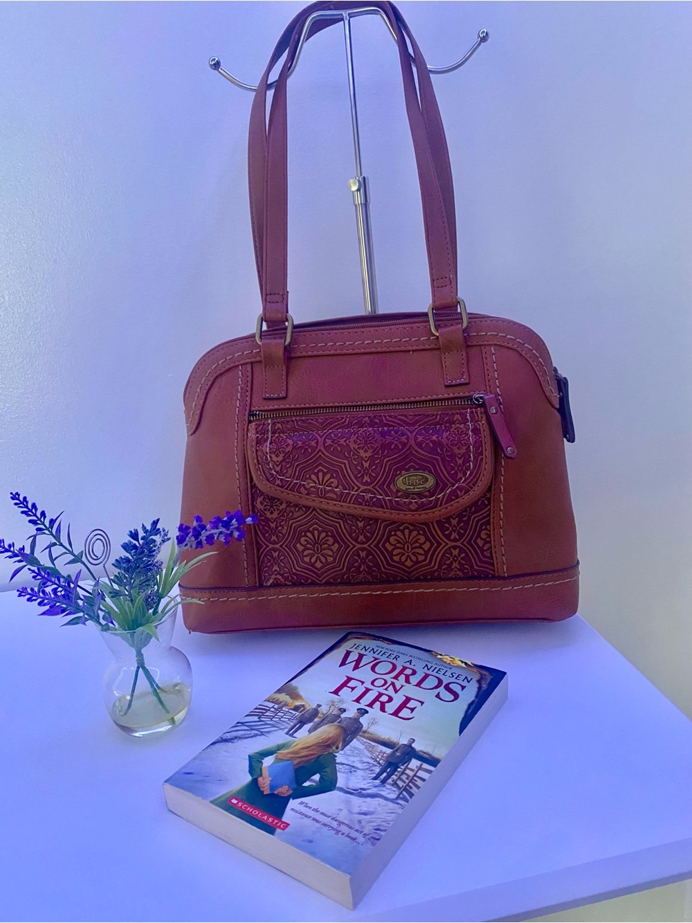 b.o.c. Tan Leather Shoulder Bag with Embossed Front Pocket